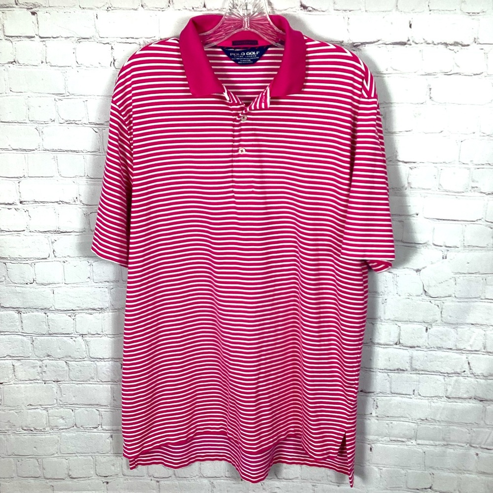POLO Ralph Lauren Performance Golf Shirt Pink White Pinstripes Men’s Size Large